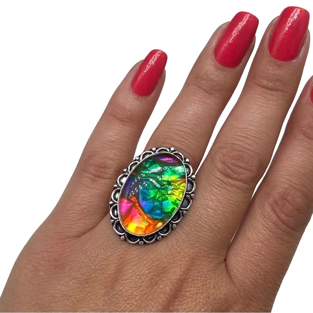 Never Worn Dichroic Art Glass Artisan Multicolor 925 Silver Overlay Ring.